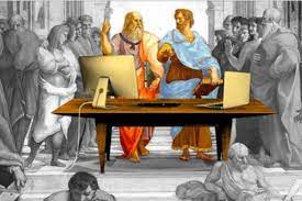 Platone ed Aristotele (dal Raffaello della Stanza della Segnatura) in primo piano indicano due computer
